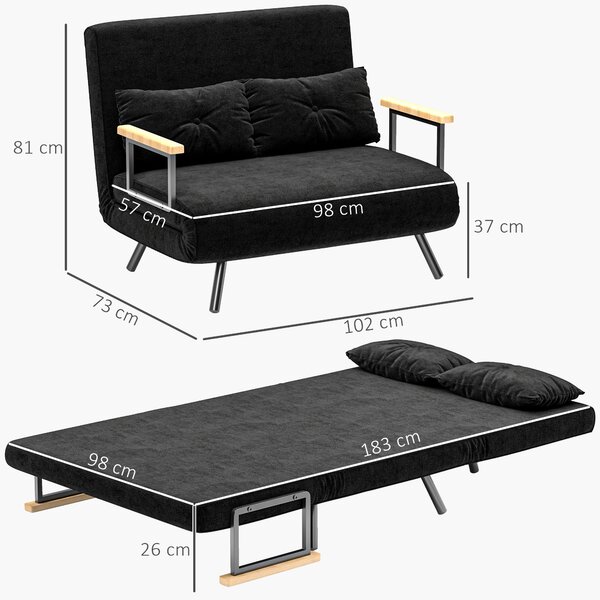HOMCOM Divano Letto 3 in 1 in Tessuto Effetto Velluto con Schienale Regolabile e 2 Cuscini, 102x73x81 cm, Nero