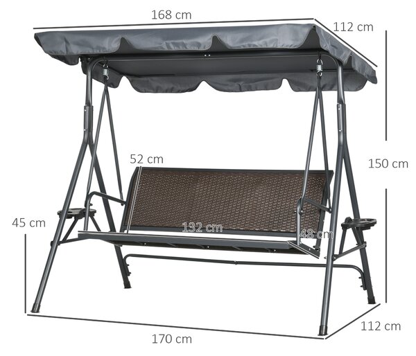 Outsunny Dondolo da Giardino Robusto 3 Posti in Rattan PE e Acciaio con Portabicchieri e Tettuccio, Dondolo da Esterno, 204x112x150cm | Aosom Italy