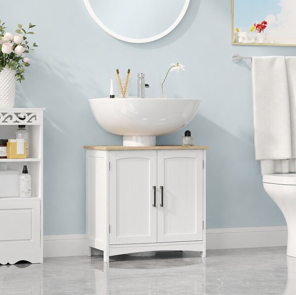 Kleankin Mobile Sotto Lavabo Bagno con 2 Ante e Ripiano Regolabile, 60x33x60cm, Legno e Bianco | Aosom Italy