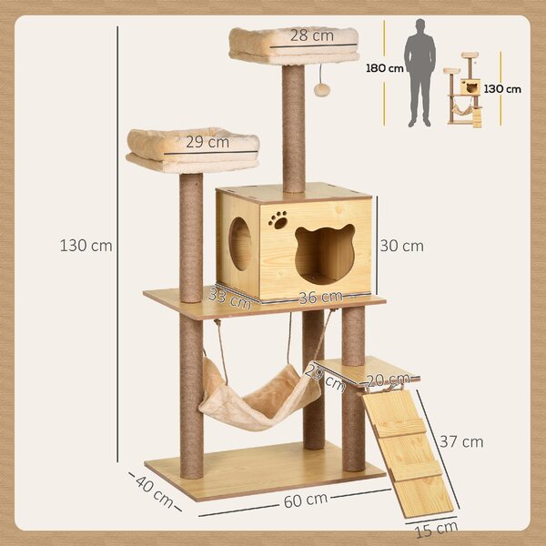 AllMyPets Albero Tiragraffi per Gatti con Casetta, 2 Lettini, Amaca e Pallina, in Legno, Poliestere e Sisal 60x40x130 cm - 87Z369