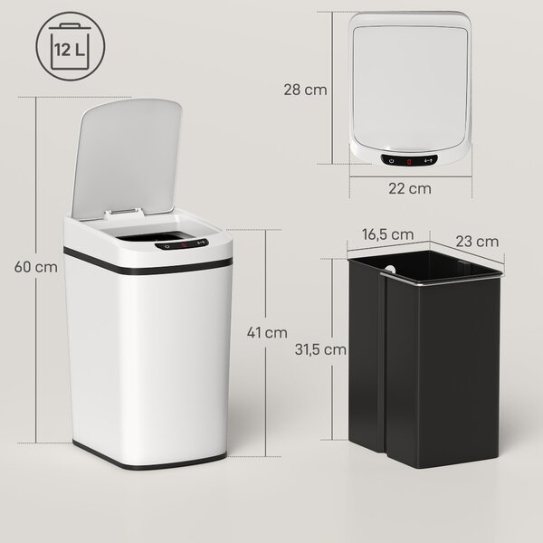 HOMCOM Cestino Rifiuti da 12L a Infrarossi con Secchio Rimovibile, in Acciaio Inox, ABS e PP, 28x22x41 cm, Bianco | Aosom Italy