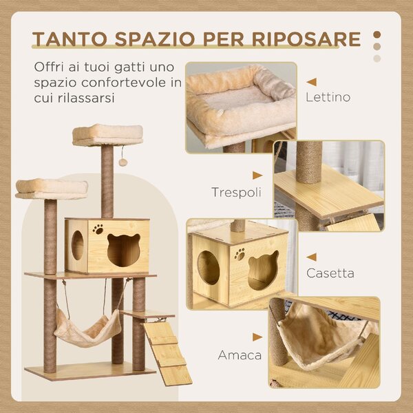AllMyPets Albero Tiragraffi per Gatti con Casetta, 2 Lettini, Amaca e Pallina, in Legno, Poliestere e Sisal 60x40x130 cm - 87Z369
