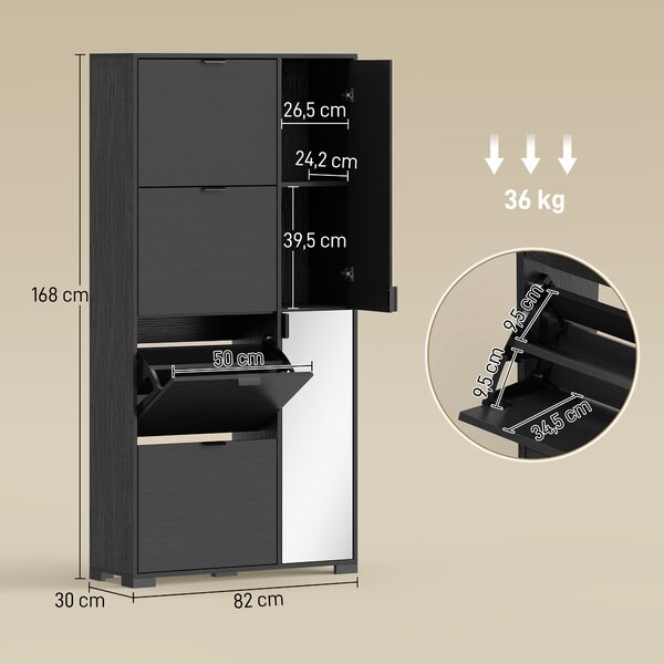 HOMCOM Scarpiera con Specchio, 4 Cassetti Ribalta, Scarpiera Ingresso, Nero | Aosom Italy