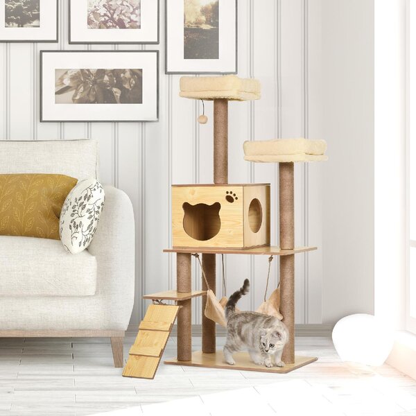 AllMyPets Albero Tiragraffi per Gatti con Casetta, 2 Lettini, Amaca e Pallina, in Legno, Poliestere e Sisal 60x40x130 cm - 87Z369