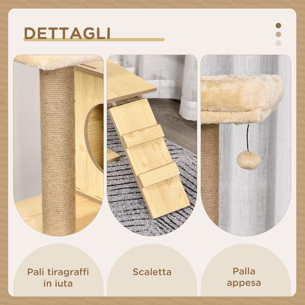 AllMyPets Albero Tiragraffi per Gatti con Casetta, 2 Lettini, Amaca e Pallina, in Legno, Poliestere e Sisal 60x40x130 cm - 87Z369