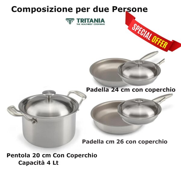 Batteria di pentole in Titanio 6 pezzi TRITANIA ZERO-TOXIC, Zero Nickel superficie di cottura in titanio massiccio al 100x100