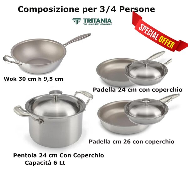Batteria di pentole in Titanio 7 pezzi TRITANIA ZERO-TOXIC, Zero Nickel superficie di cottura in titanio massiccio al 100x100 con Wok Saltapasta