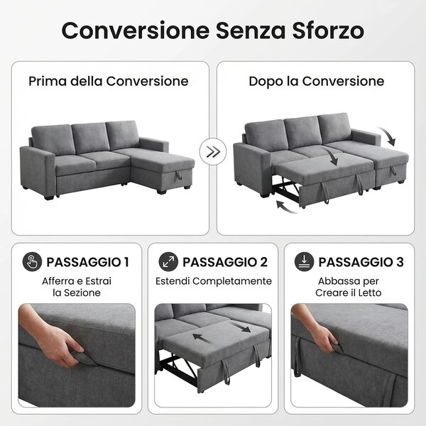 DecHome Divano Letto 5 Posti Moderno in Velluto Dimensioni 282x140x86 cm colore Grigio Chiaro