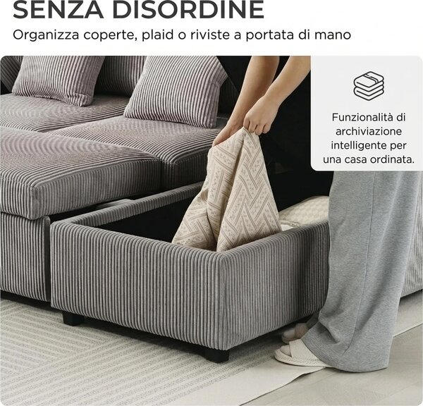 DecHome Divano Letto 5 Posti Moderno in Velluto Dimensioni 282x140x86 cm colore Grigio Chiaro