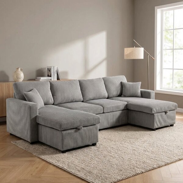 DecHome Divano Letto 5 Posti Moderno in Velluto Dimensioni 282x140x86 cm colore Grigio Chiaro