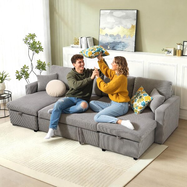 DecHome Divano Letto 5 Posti Moderno in Velluto Dimensioni 282x140x86 cm colore Grigio Chiaro