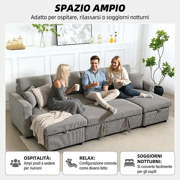 DecHome Divano Letto 5 Posti Moderno in Velluto Dimensioni 282x140x86 cm colore Grigio Chiaro