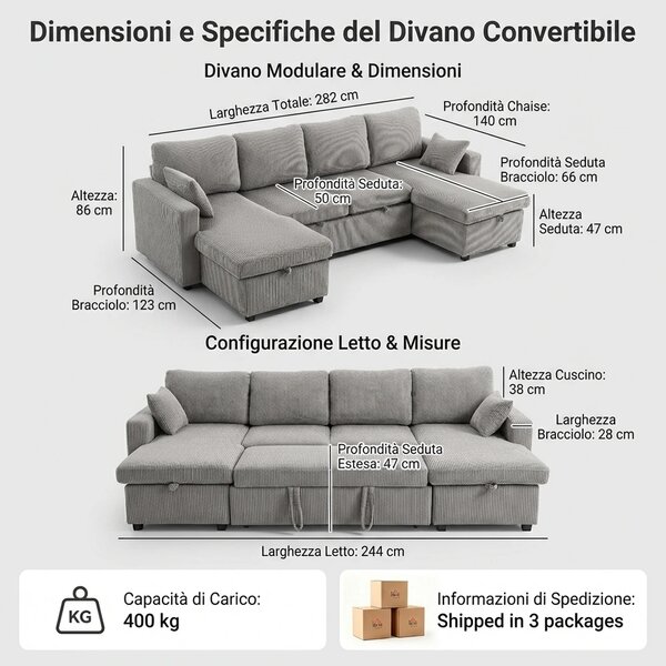 DecHome Divano Letto 5 Posti Moderno in Velluto Dimensioni 282x140x86 cm colore Grigio Chiaro