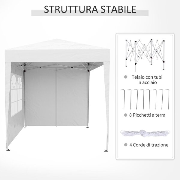 VivaGarden Gazebo da Giardino 2x2 mt Pieghevole in Acciaio/Tessuto con Protezione raggi UV e Tende Laterali con Finestre colore Bianco