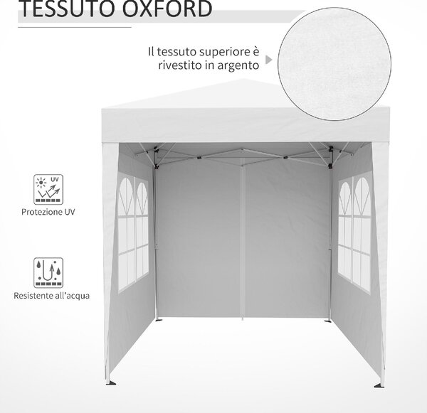 VivaGarden Gazebo da Giardino 2x2 mt Pieghevole in Acciaio/Tessuto con Protezione raggi UV e Tende Laterali con Finestre colore Bianco