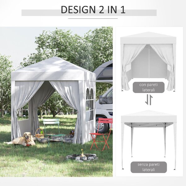 VivaGarden Gazebo da Giardino 2x2 mt Pieghevole in Acciaio/Tessuto con Protezione raggi UV e Tende Laterali con Finestre colore Bianco