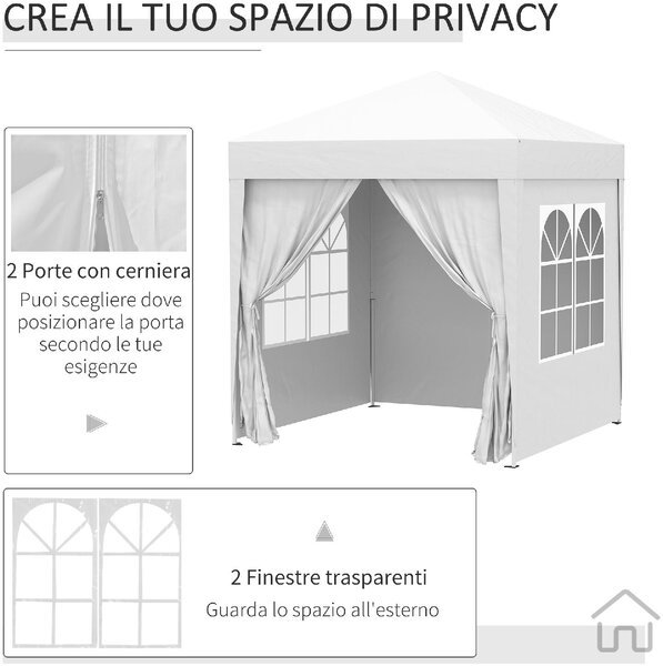 VivaGarden Gazebo da Giardino 2x2 mt Pieghevole in Acciaio/Tessuto con Protezione raggi UV e Tende Laterali con Finestre colore Bianco