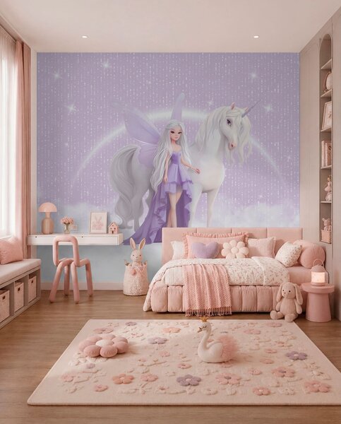 Carta da parati Una fata con un unicorno tra le nuvole, Carta da parati per Bambini, Carta da parati per Ragazze, w03527 : Uwalls.it