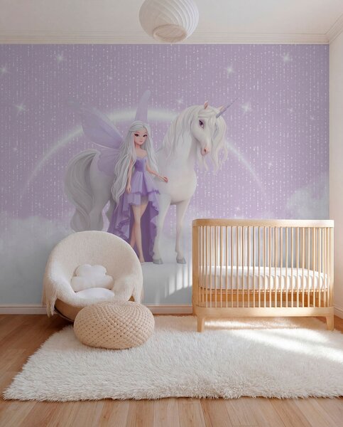 Carta da parati Una fata con un unicorno tra le nuvole, Carta da parati per Bambini, Carta da parati per Ragazze, w03527 : Uwalls.it