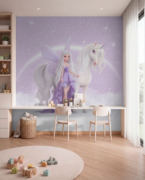 Carta da parati Una fata con un unicorno tra le nuvole, Carta da parati per Bambini, Carta da parati per Ragazze, w03527 : Uwalls.it