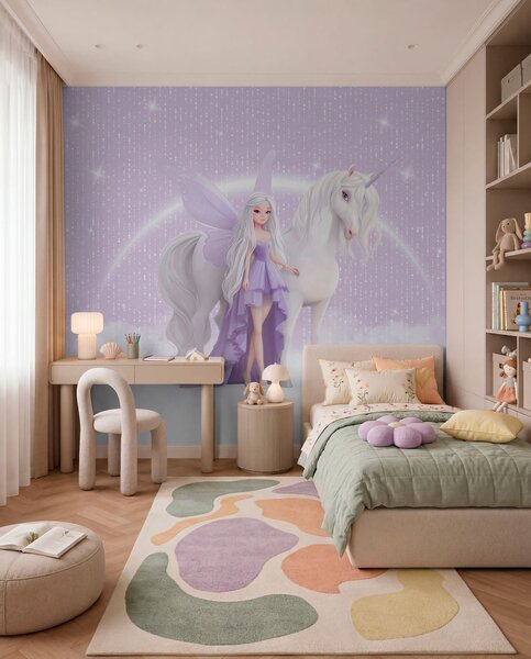 Carta da parati Una fata con un unicorno tra le nuvole, Carta da parati per Bambini, Carta da parati per Ragazze, w03527 : Uwalls.it