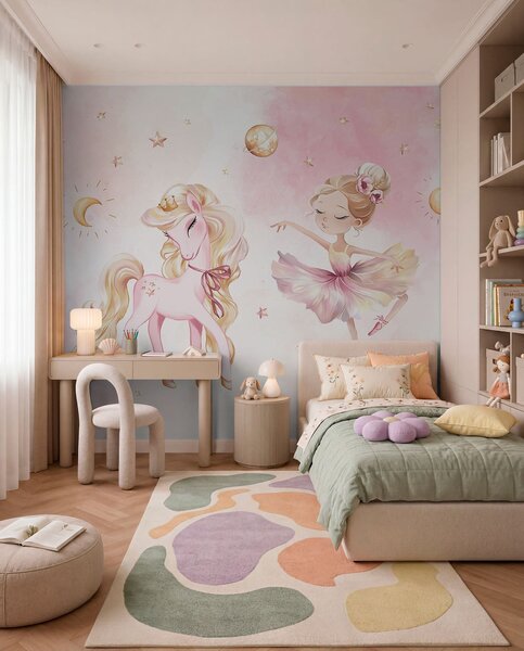 Carta da parati Unicorno e ballerina in una fiaba rosa, storia per bambini, Carta da parati per Bambini, w04196 : Uwalls.it