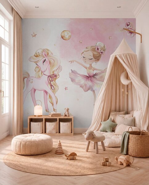 Carta da parati Unicorno e ballerina in una fiaba rosa, storia per bambini, Carta da parati per Bambini, w04196 : Uwalls.it