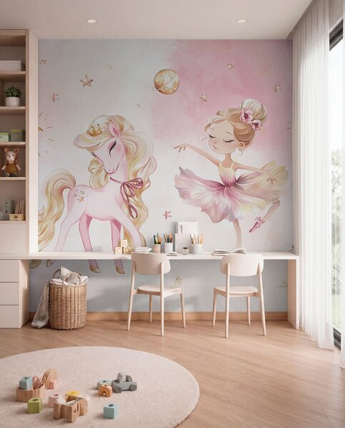 Carta da parati Unicorno e ballerina in una fiaba rosa, storia per bambini, Carta da parati per Bambini, w04196 : Uwalls.it