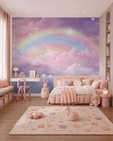Carta da parati Arcobaleno tra le nuvole, Carta da parati per Bambini, Carta da parati per bambini Arcobaleno, w04146 : Uwalls.it