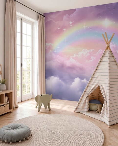 Carta da parati Arcobaleno tra le nuvole, Carta da parati per Bambini, Carta da parati per bambini Arcobaleno, w04146 : Uwalls.it