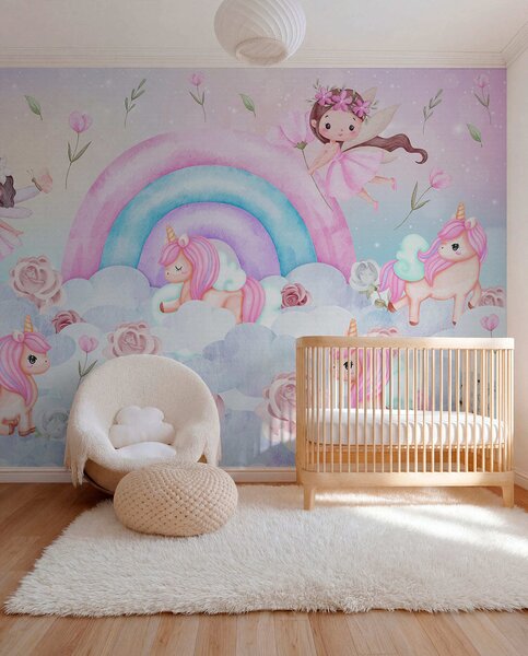 Carta da parati Fate e unicorni tra nuvole e arcobaleni, Carta da parati per Bambini, Carta da parati per bambini Arcobaleno, w04371 : Uwalls.it