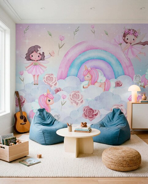 Carta da parati Fate e unicorni tra nuvole e arcobaleni, Carta da parati per Bambini, Carta da parati per bambini Arcobaleno, w04371 : Uwalls.it