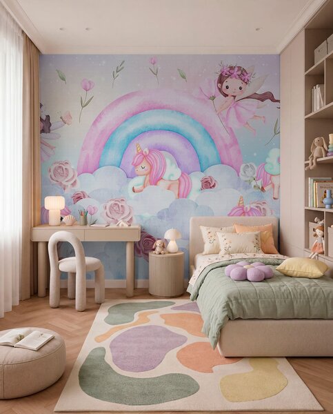 Carta da parati Fate e unicorni tra nuvole e arcobaleni, Carta da parati per Bambini, Carta da parati per bambini Arcobaleno, w04371 : Uwalls.it