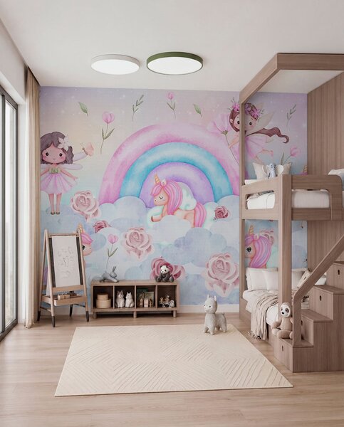 Carta da parati Fate e unicorni tra nuvole e arcobaleni, Carta da parati per Bambini, Carta da parati per bambini Arcobaleno, w04371 : Uwalls.it