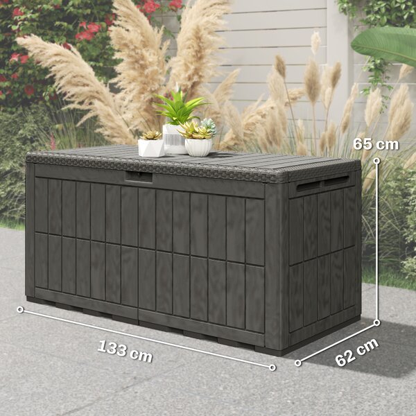 Outsunny Cassapanca esterno 440 L in resina impermeabile con coperchio, Marrone | Aosom Italy