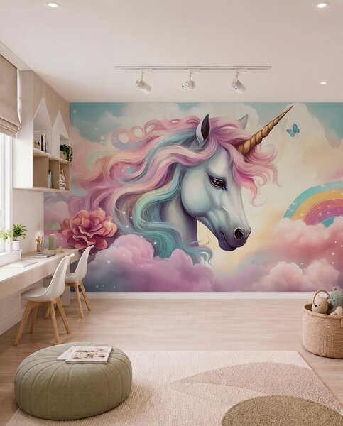 Carta da parati Unicorno in un cielo nuvoloso con arcobaleno, Carta da parati per Bambini, Carta da parati per Ragazze, w04372 : Uwalls.it