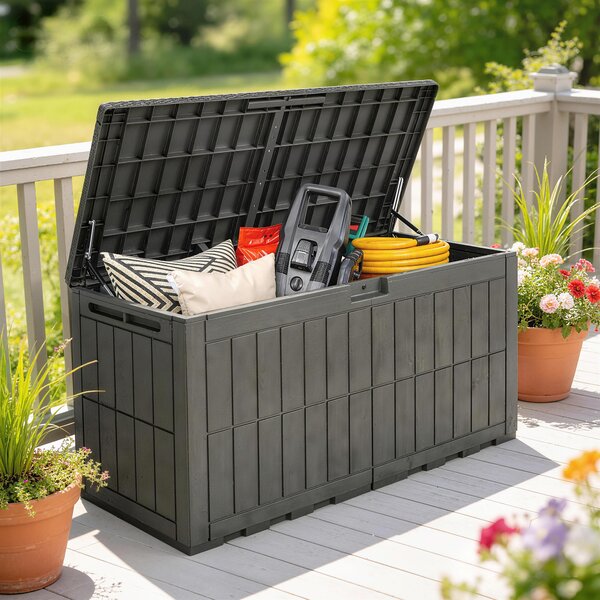 Outsunny Cassapanca esterno 440 L in resina impermeabile con coperchio, Marrone | Aosom Italy