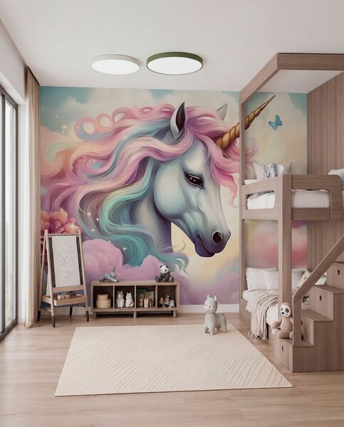 Carta da parati Unicorno in un cielo nuvoloso con arcobaleno, Carta da parati per Bambini, Carta da parati per Ragazze, w04372 : Uwalls.it