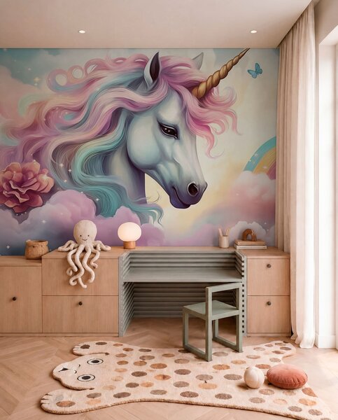 Carta da parati Unicorno in un cielo nuvoloso con arcobaleno, Carta da parati per Bambini, Carta da parati per Ragazze, w04372 : Uwalls.it