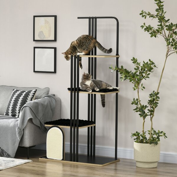 PawHut Tiragraffi industriale con 3 piattaforme, cuscini e pannello graffiante, 85x48x170 cm, Nero | Aosom Italy