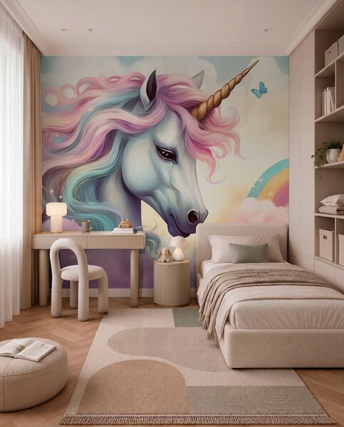 Carta da parati Unicorno in un cielo nuvoloso con arcobaleno, Carta da parati per Bambini, Carta da parati per Ragazze, w04372 : Uwalls.it