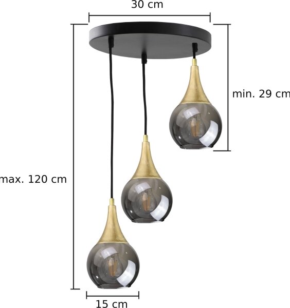 Lampadario a sospensione con filo LACRIMA SMOKY 3xE27/60W/230V diametro 30 cm