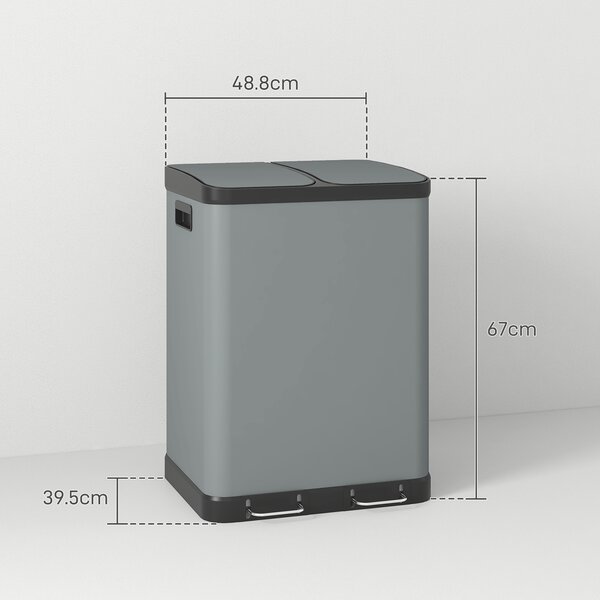 HOMCOM Pattumiera doppio scomparto 2x30 L con pedale e secchi estraibili, Grigio | Aosom Italy
