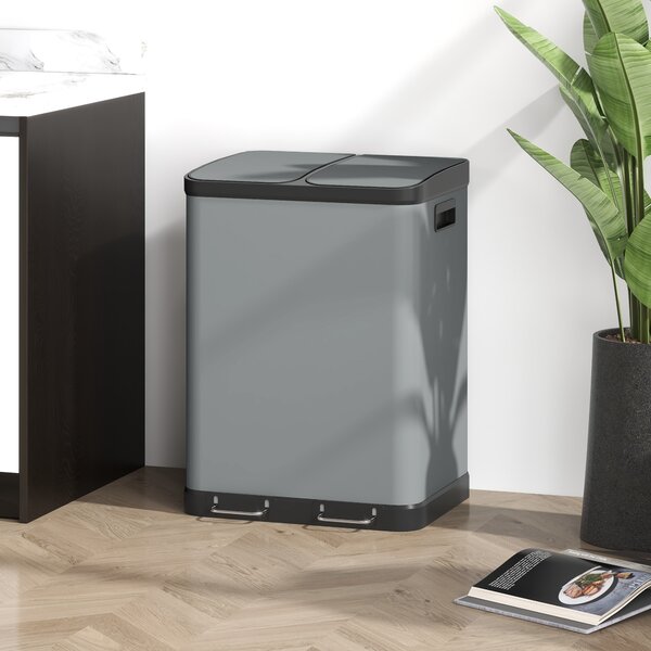 HOMCOM Pattumiera doppio scomparto 2x30 L con pedale e secchi estraibili, Grigio | Aosom Italy