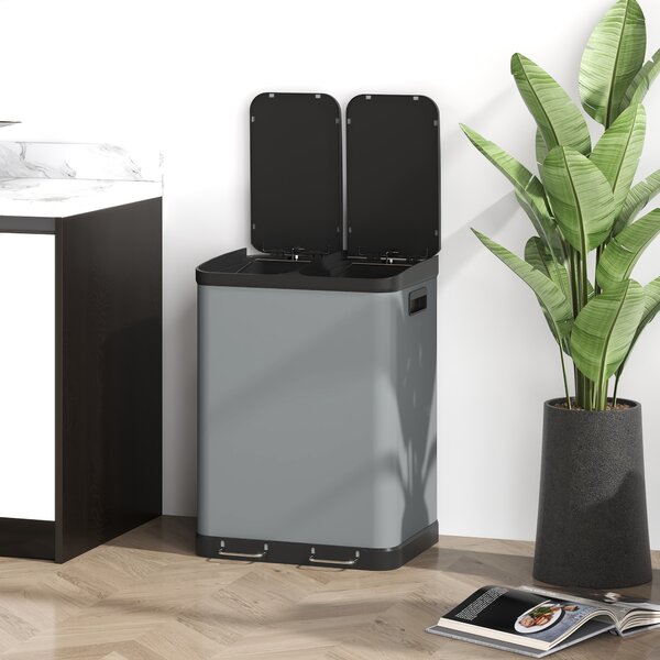 HOMCOM Pattumiera doppio scomparto 2x30 L con pedale e secchi estraibili, Grigio | Aosom Italy