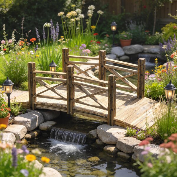 Outsunny Ponte giardino in legno con parapetto, 174x78x57,5 cm, Carbonizzato | Aosom Italy