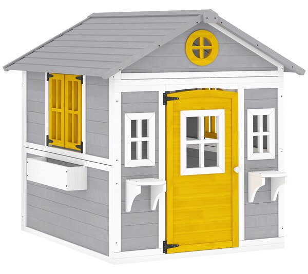 Outsunny Casetta bambini legno con porta, finestre e fioriere, Grigio | Aosom Italy
