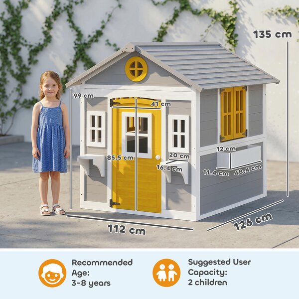 Outsunny Casetta bambini legno con porta, finestre e fioriere, Grigio | Aosom Italy
