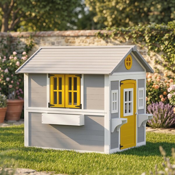 Outsunny Casetta bambini legno con porta, finestre e fioriere, Grigio | Aosom Italy