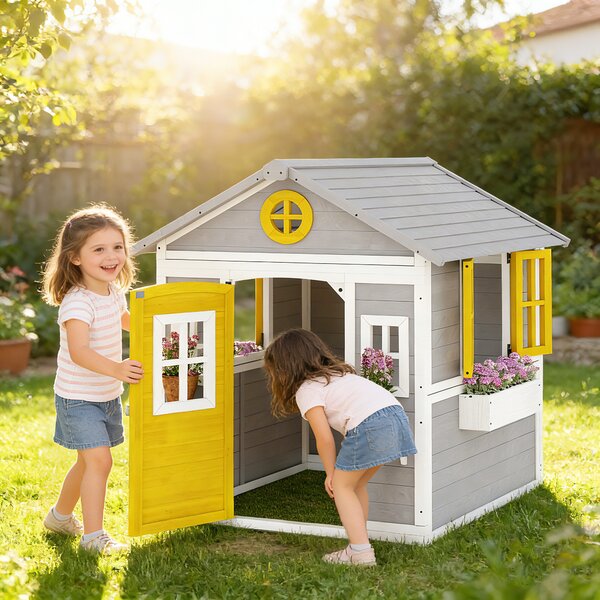 Outsunny Casetta bambini legno con porta, finestre e fioriere, Grigio | Aosom Italy